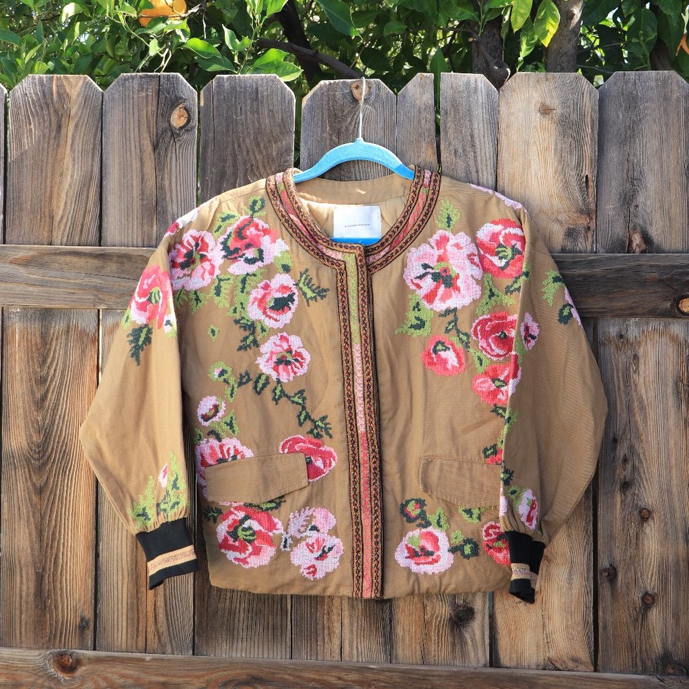 Anthropologie Maeve Needlepoint Floral Oversized Boxy Bomber Jacket
